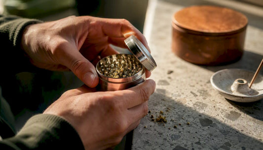 Hands using anodized aluminum herb grinder