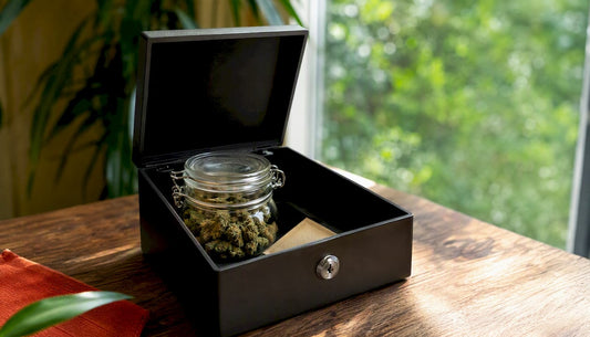 Cannabis flower jar with humidity pack in box