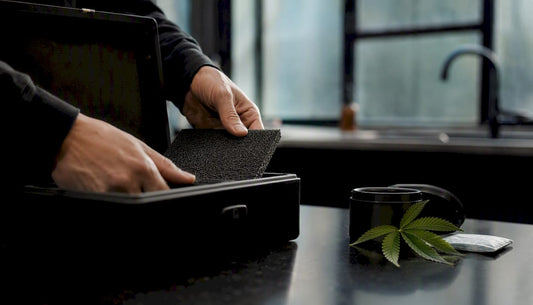 Hands replacing carbon filter insert in stash box