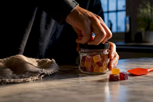 Hands sealing finished edibles in glass jar