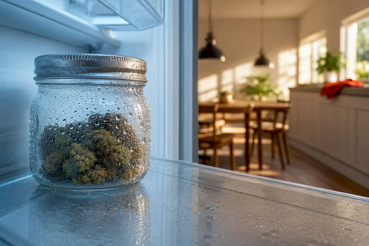 Condensation forming near cannabis storage jar