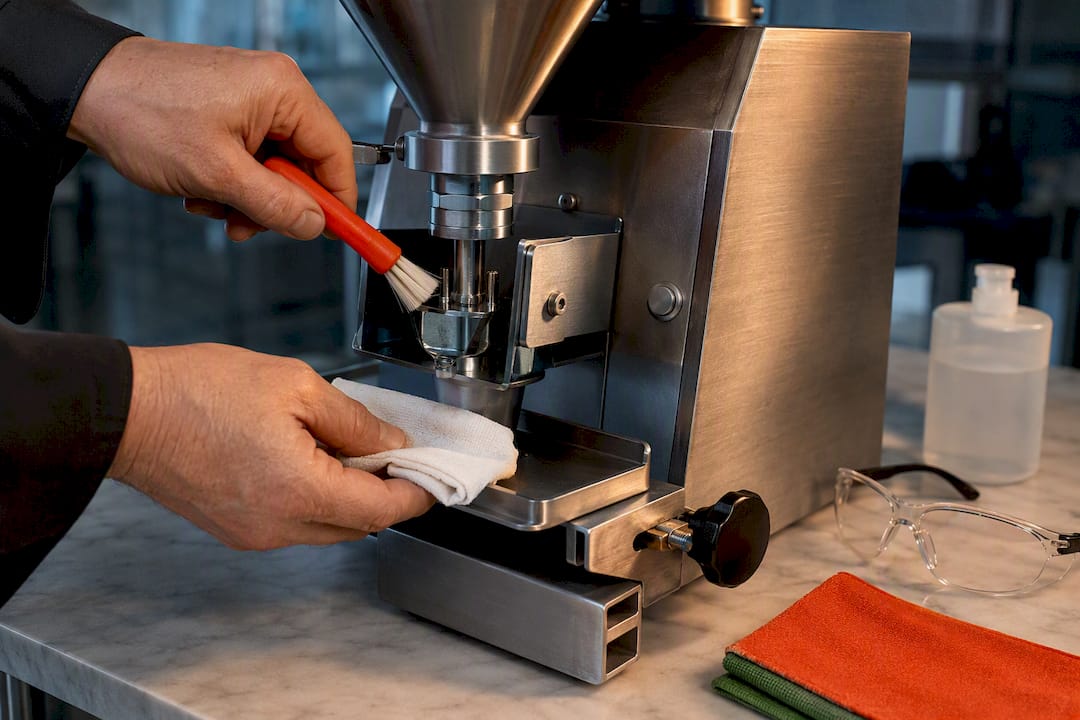 Hands cleaning a tabletop cone filler