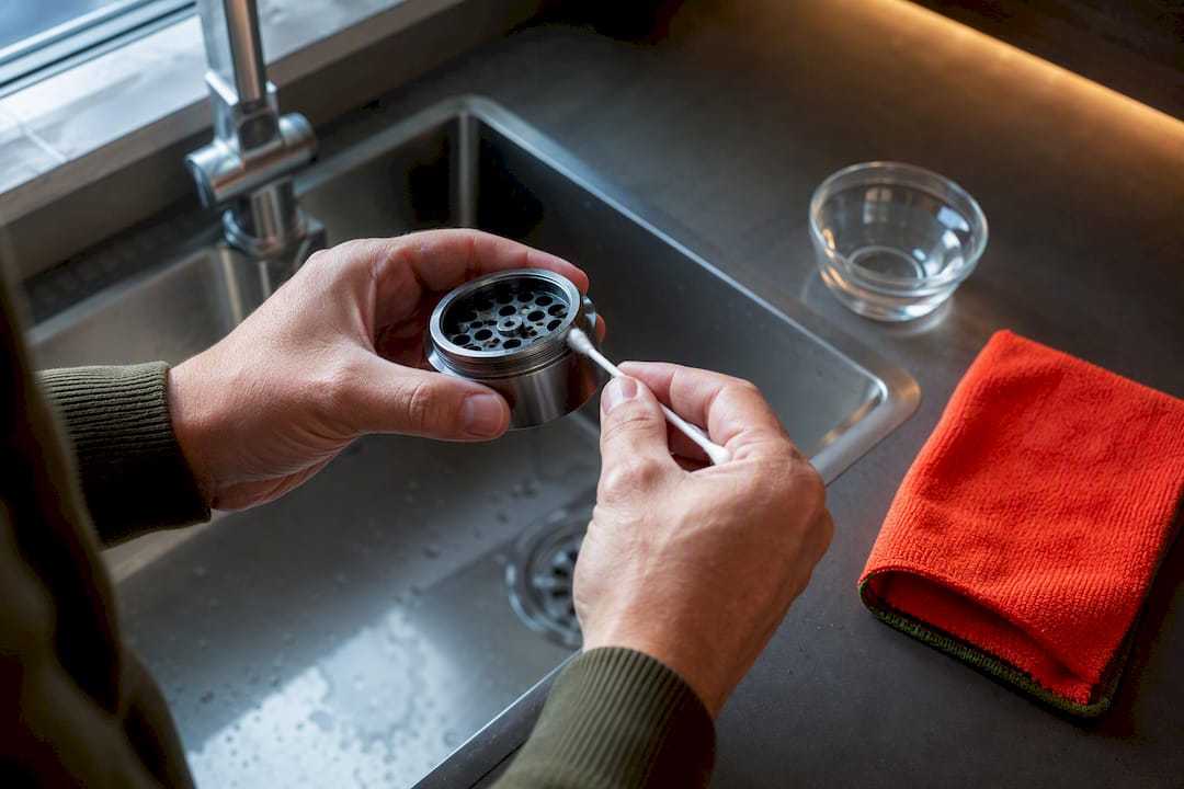 Hands cleaning an anonymous grinder rim