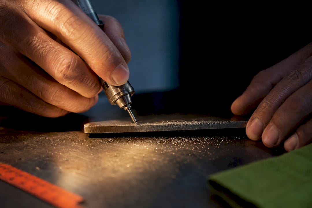 Hands engraving a cannabis accessory surface