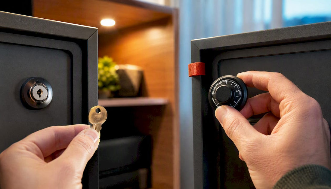 Hands comparing key and combination locks