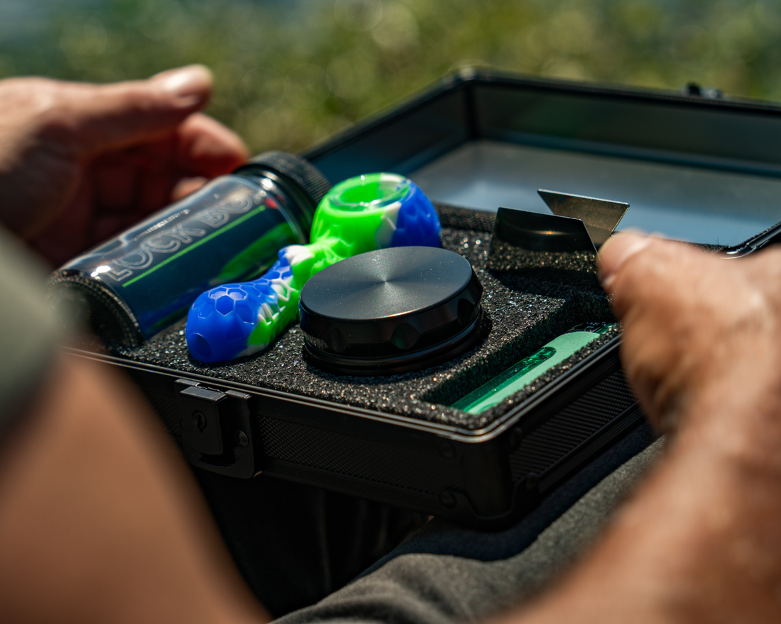 Tree Lock Box complete medical cannabis starter kit with smell-proof storage, ergonomic grinder, unbreakable pipe, and adaptive tools for Parkinson's MS and fibromyalgia patients