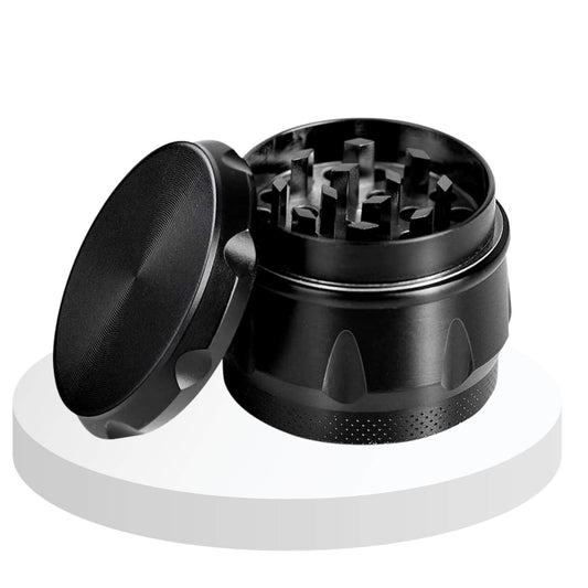 Ergonomic cannabis grinder with easy-grip design allowing users to grind cannabis flower with less hand strain.