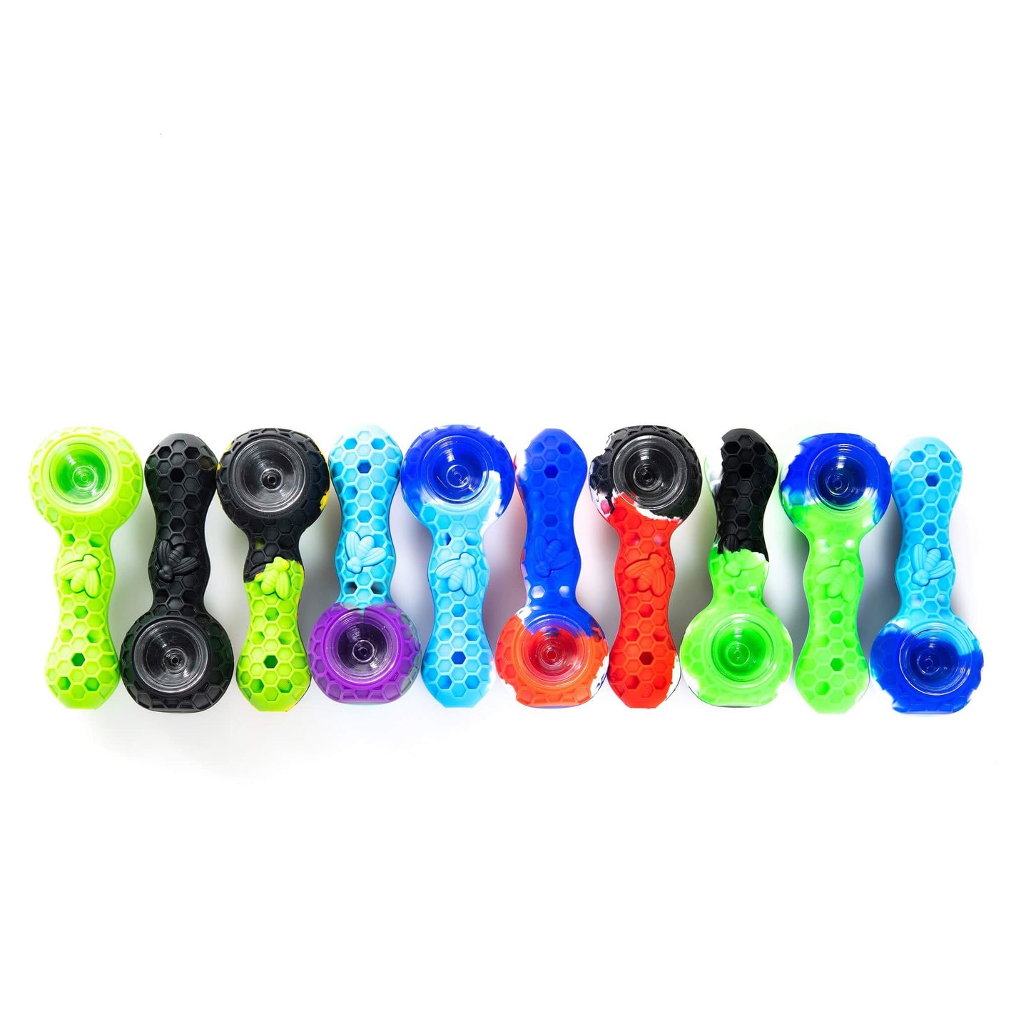 Drop-resistant silicone cannabis pipe shown on hard surface demonstrating durability and flexibility.