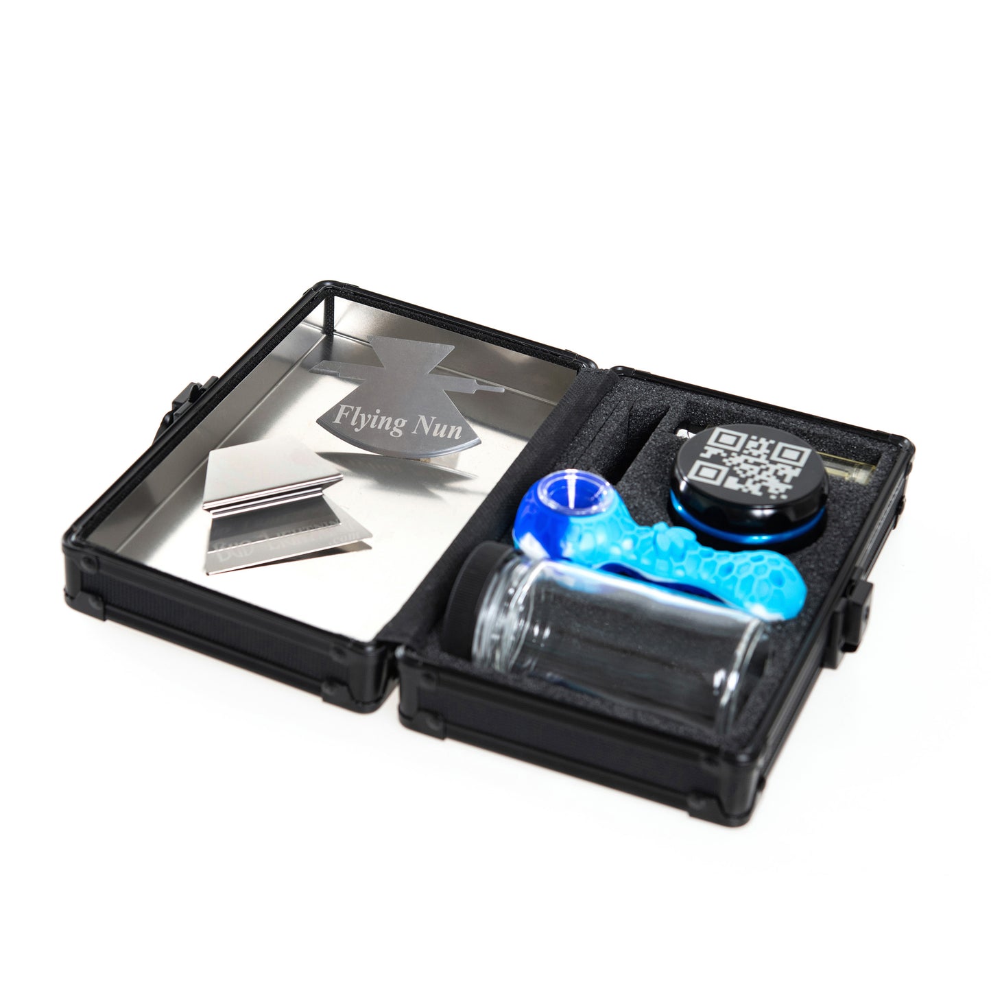 Tree Lock Box with stainless preparation tray creating a clean and organized cannabis preparation station.